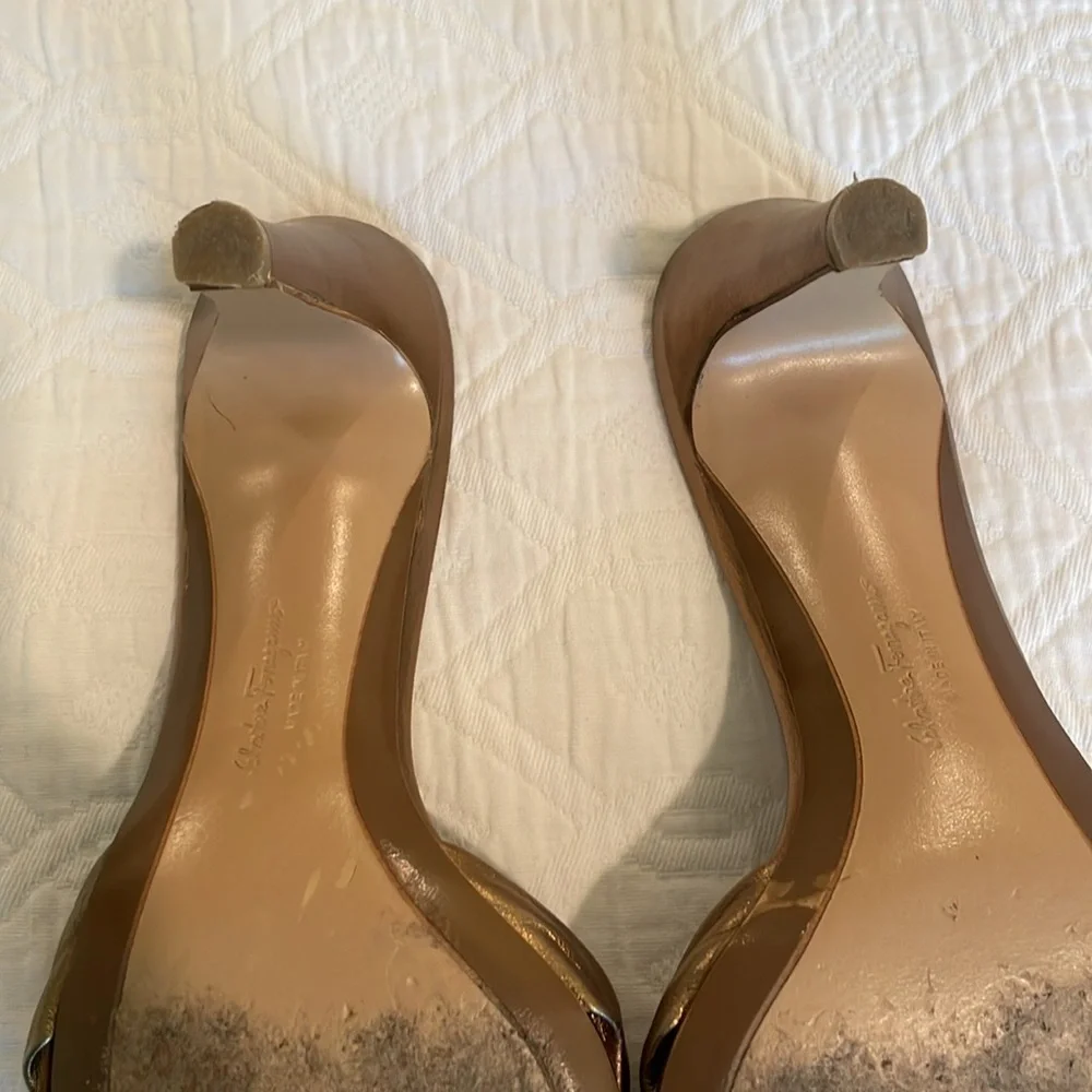 Salvatore Ferragamo Metallic Gold Knot Mule Heels